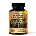 PRIME NATURAL Sea Moss 300mg Black Seed Oil 200mg Ashwagandha 100mg Turmeric Bladderwrack Burdock Manuka Honey Dandelion ACV - 120 Capsules | 60 Days Supply | Vegan