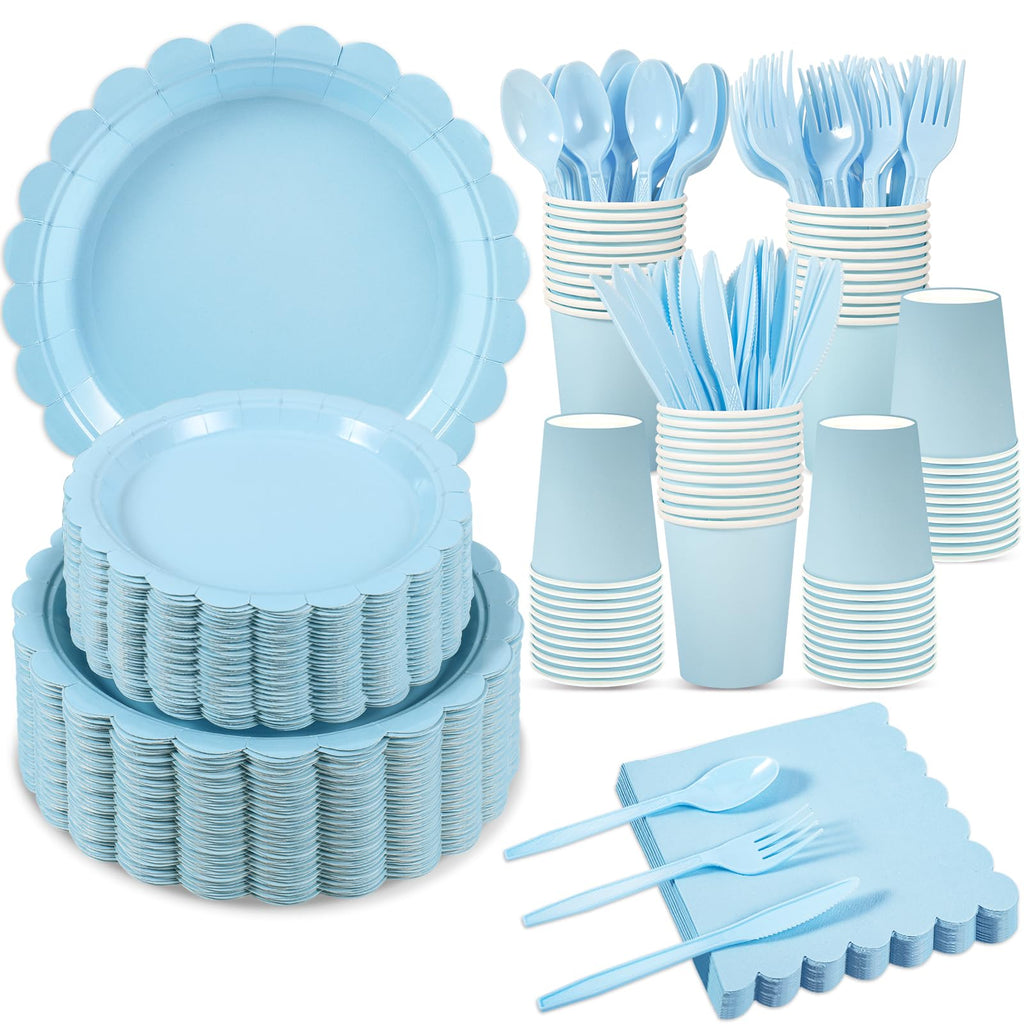 Xiangqu 350 Pcs Light Blue Paper Plates and Napkins, Boy Baby Shower Decorations Include Scalloped Plates Napkins Cups for Kindergarten Graduation, Bridal Shower, Summer Wedding, Birthday