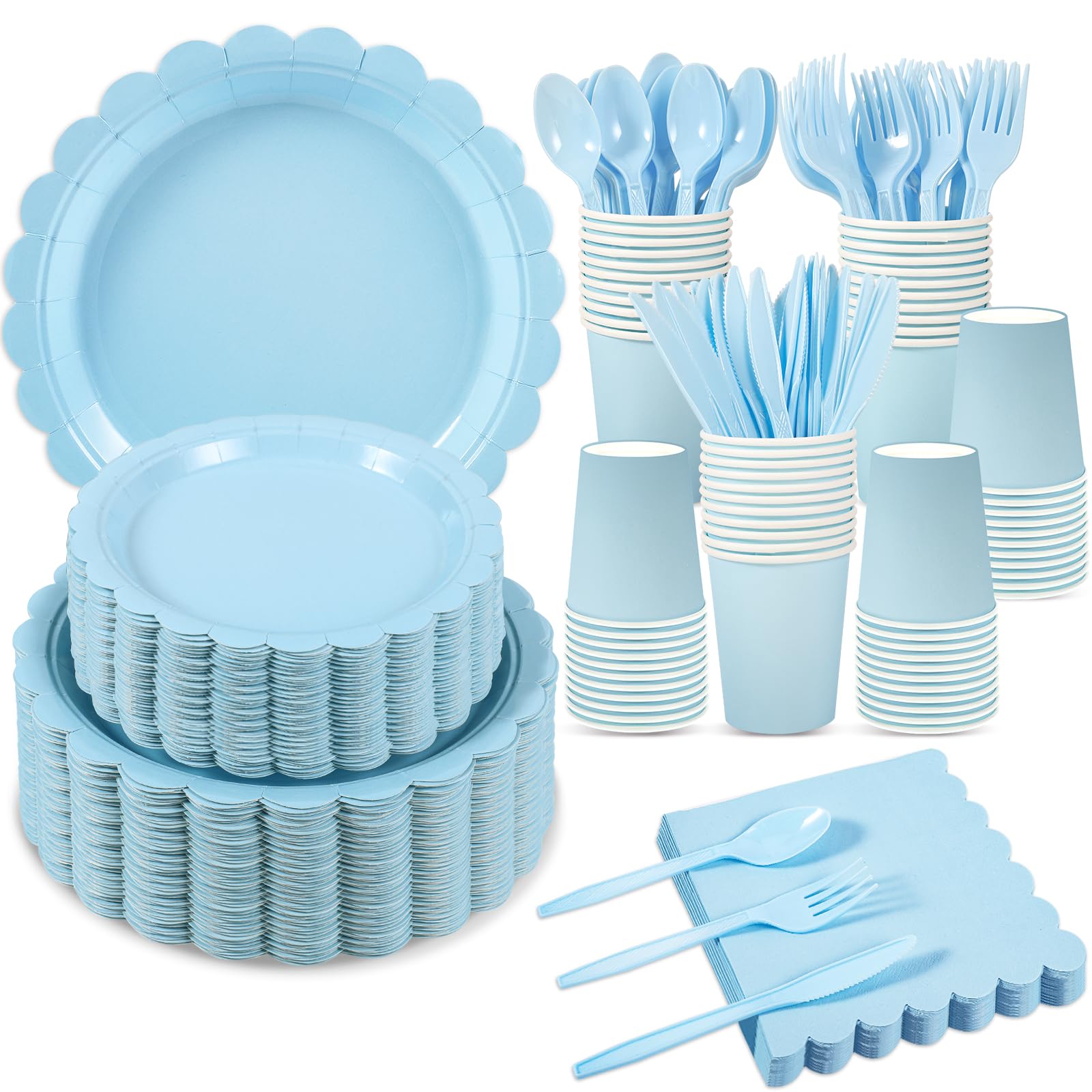 Xiangqu 350 Pcs Light Blue Paper Plates and Napkins, Boy Baby Shower Decorations Include Scalloped Plates Napkins Cups for Kindergarten Graduation, Bridal Shower, Summer Wedding, Birthday