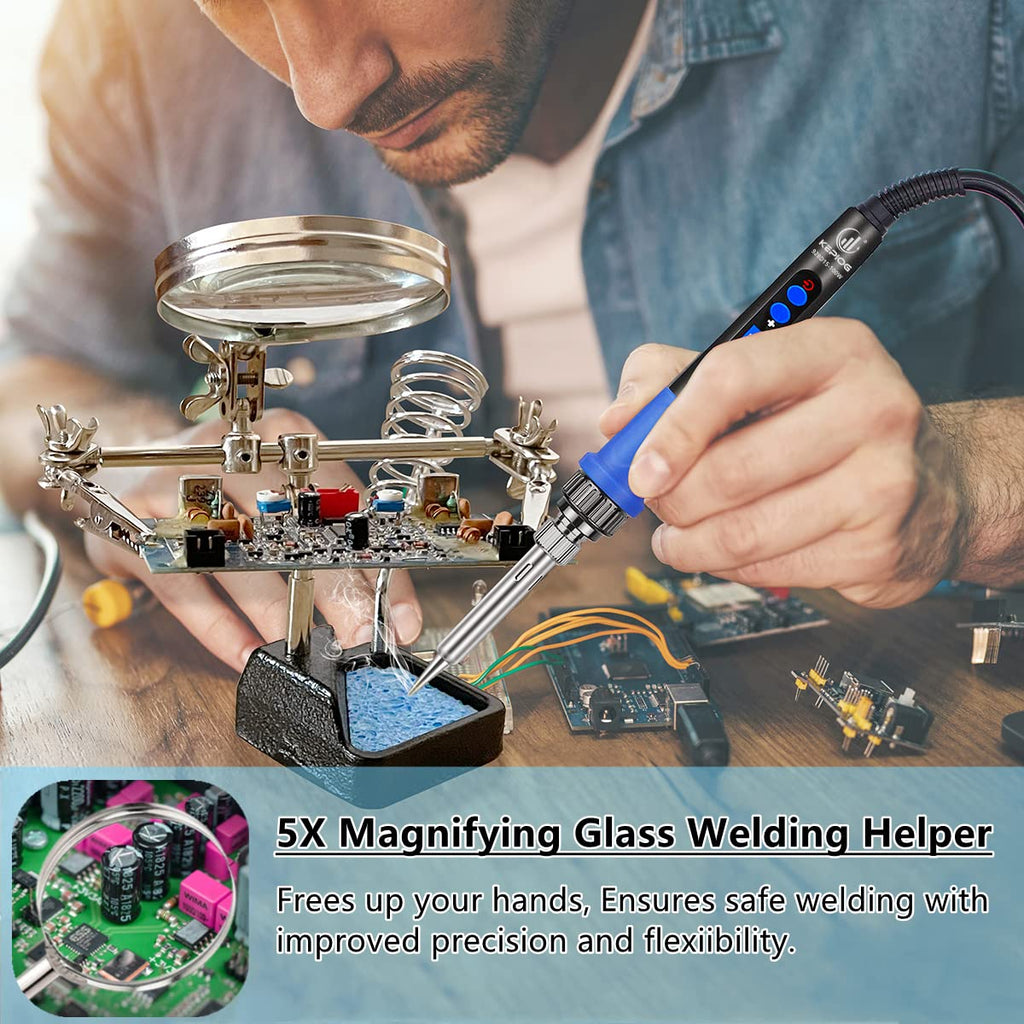 Soldering Iron Kit, 100W High-Power LCD Digital Soldering Iron, Circuit Board Repair Soldering Kit with Magnifying Glass Helping Hands, Adjustable Temperature Solder Welding Tools