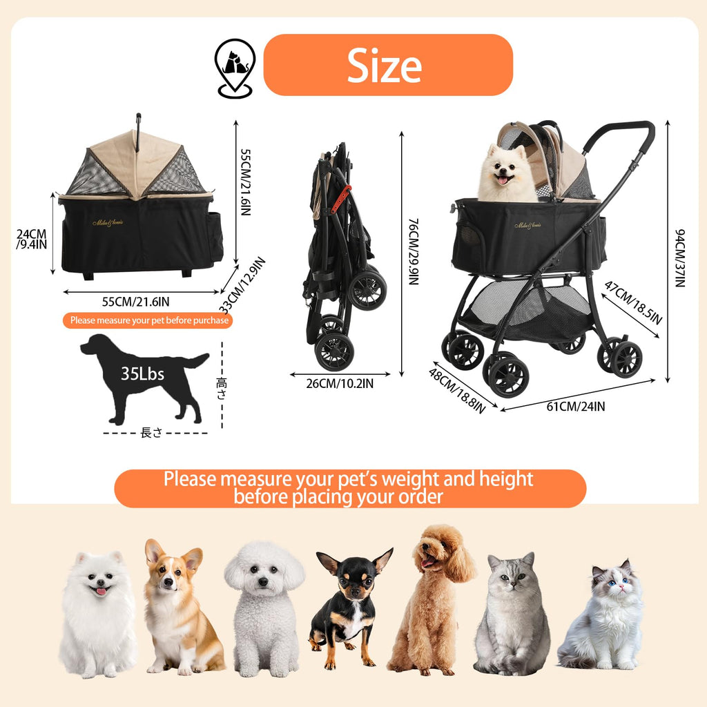 MILA&LOUIS Dog Stroller, 22" Pet Cradle for Small Dog, Pet Stroller with 4 Pu Wheels, 10Lbs Ultra-Light Dog&Cat Stroller for Small Pets, Max 22Lbs Capacity Detachable & Foldable Design with Cup Holder