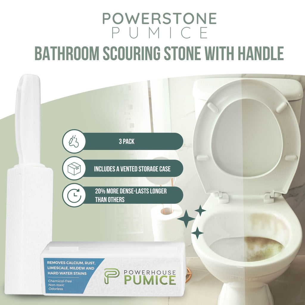 Powerstone Pumice Stone Toilet Bowl Cleaner with Handle (3-Pack) - A Reliable and Harmless Solution for Cleaning Limescale Deposits & Hard Water Stains on Toilets, Grills, Tiles, Grout & Pools