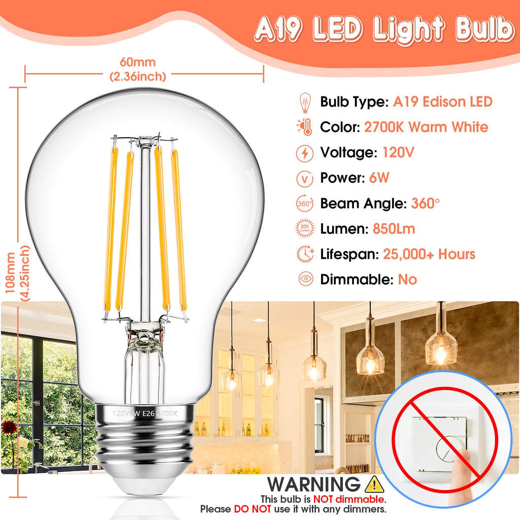 MAXvolador 60W Equivalent E26 LED Filament Light Bulbs, 850LM Warm White 2700K Efficient 6W A19 Edison Bulb, Non-Dimmable Medium Base, 4-Pack