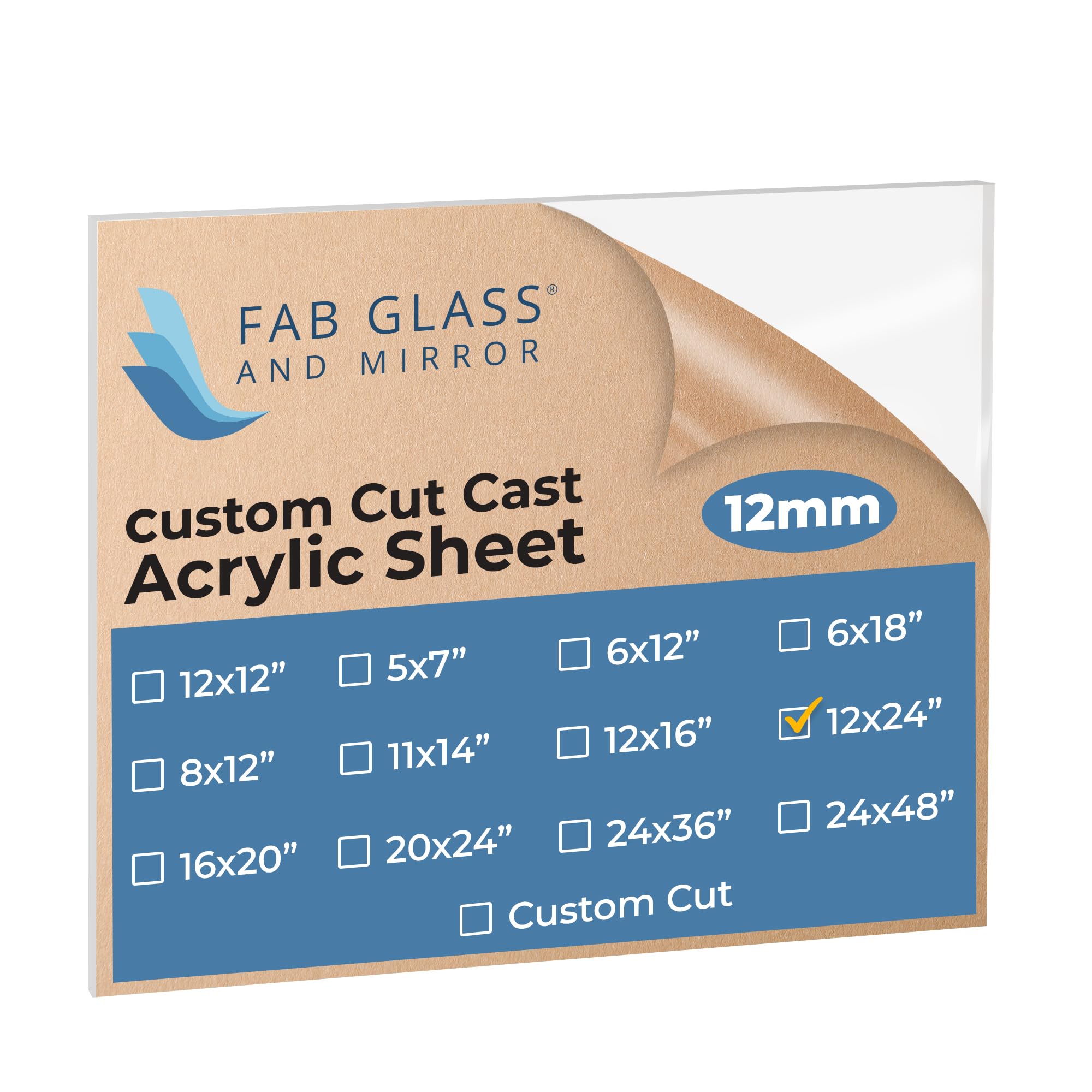 Fab Glass and Mirror Plastic PET Lightweight 12"x24" (12mm) Thick Acrylic Plexiglass Sheet for Photo Frame, Shatterproof Alternative for Glass, Home Décor, Welcome Sign Boards, Clear (ACR12M12X24RC)