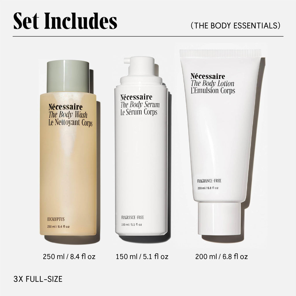 Nécessaire The Body Essentials Gift Set The Body Wash + The Body Lotion + The Body Serum. Replenish, Hydrate, Firm with Vitamins, Omegas, Glycerin, Niacinamide, Hyaluronic Acid, Peptides.