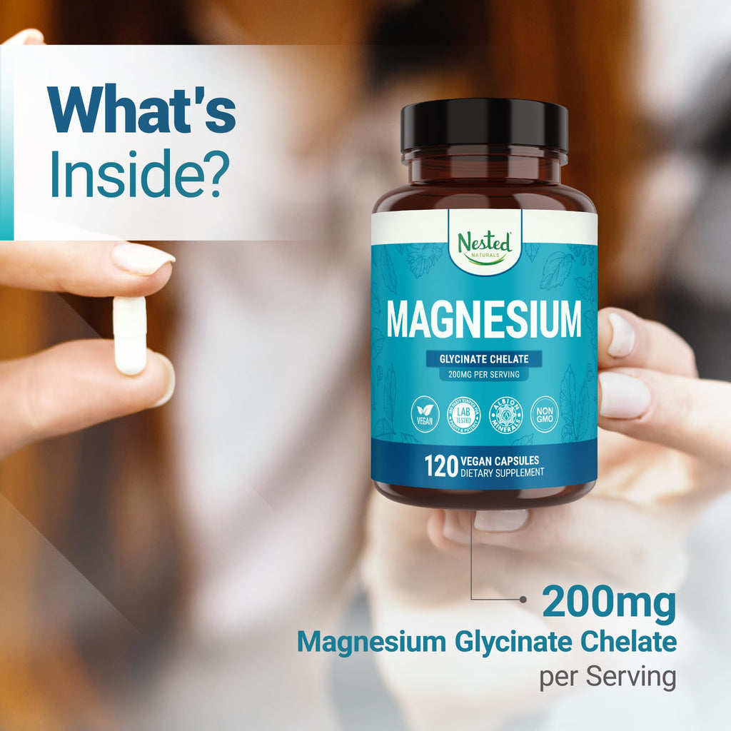 Nested Naturals Magnesium Glycinate Chelate - 200mg Chelated Magnesium Supplement for Muscle Cramps, Relaxation, & Sleep Support - 100% Albion TRACCS Buffered Magnesium Glycinate - 240 Vegan Capsules