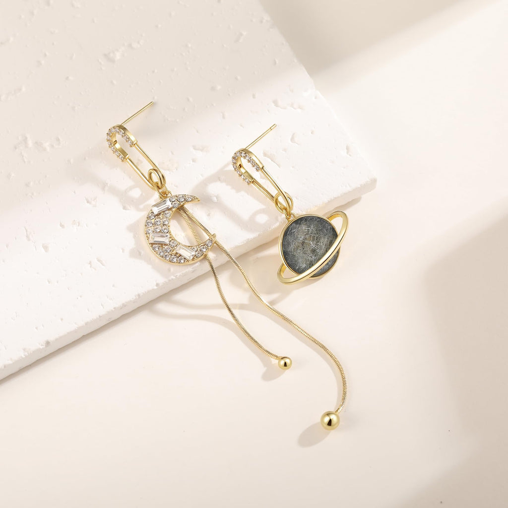 Sylph Star Earrings - Chic Dangly Earrings for Women, Moon Earrings, Star Jewelry, Celestial Earrings, Stylish Drop & Dangle Earrings, Gold Plated, Zircon