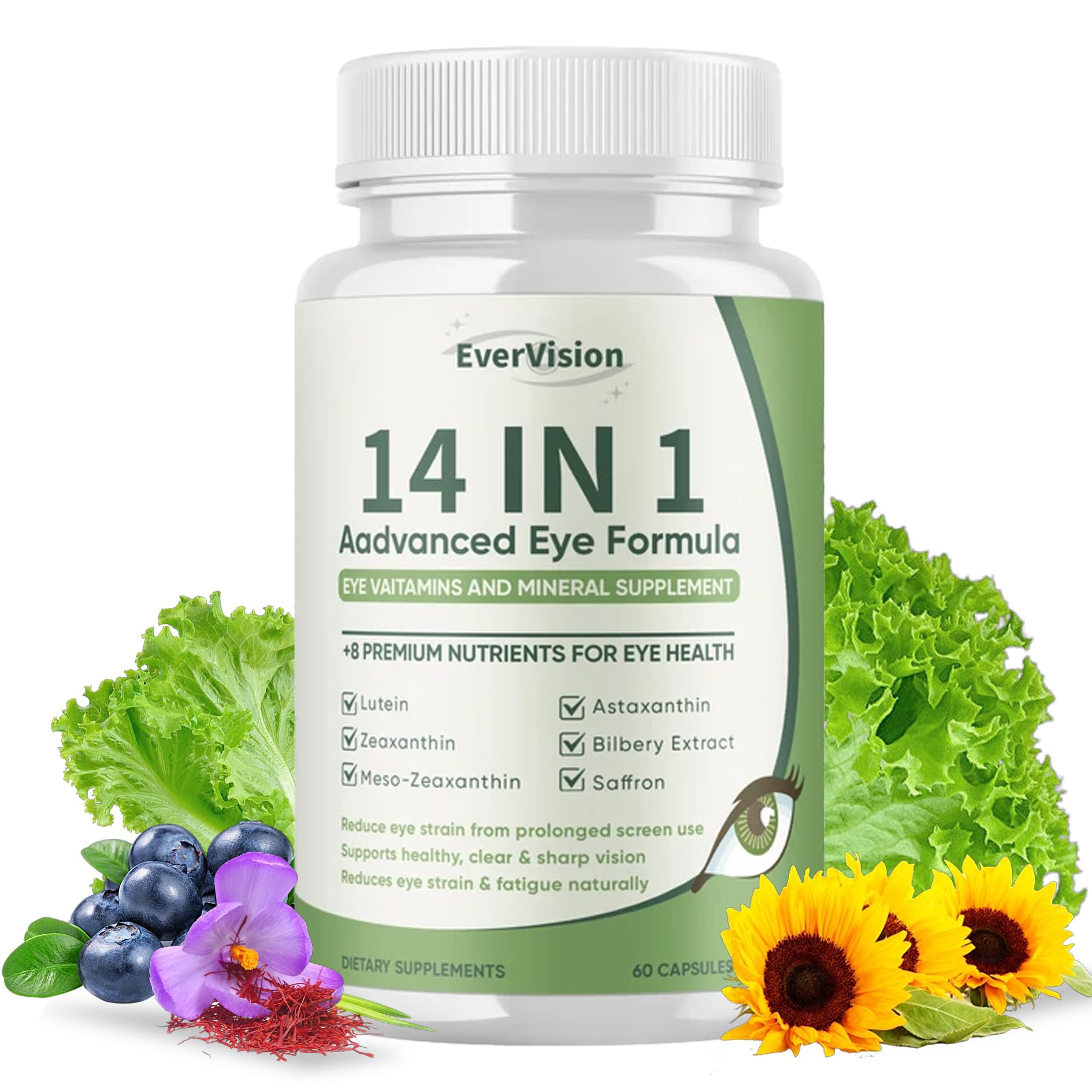 EVERVISION 14 in 1 Advanced Eye Formula, Eye Vitamin and Mineral Supplement with Zinc, Lutein, Zeaxanthin & Bilberry Extract, 60ct