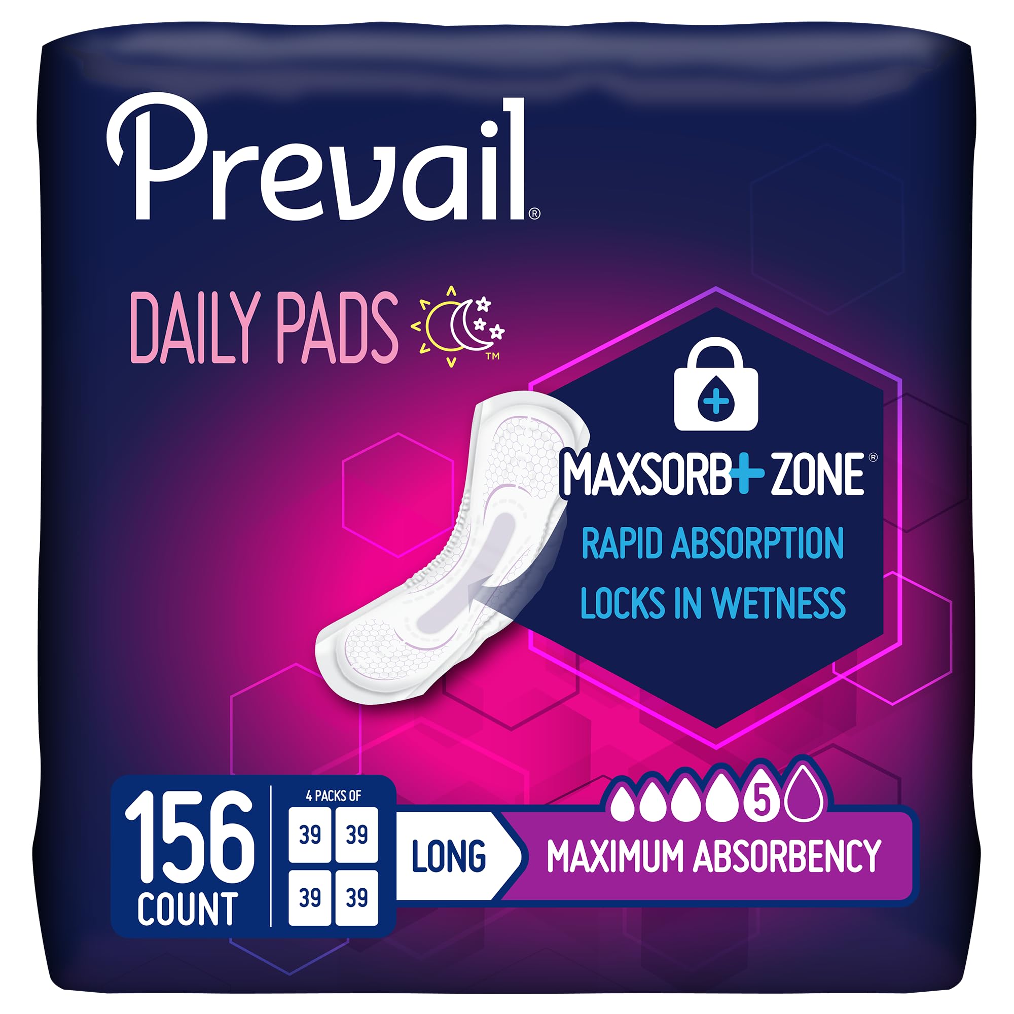 Prevail Incontinence Bladder Control Pads for Women, Maximum Absorbency, Long Length, 39 Count (Pack of 4)