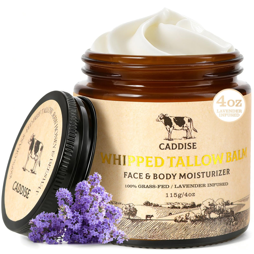 Whipped Beef Tallow for Skin – 100% Grass-Fed Handmade Cream Moisturizer for Face & Body, Natural with Honey, Shea Butter, Jojoba Oil, Non-Greasy, Nourishing for Men, Women, Kids, 4 Oz (Lavender)
