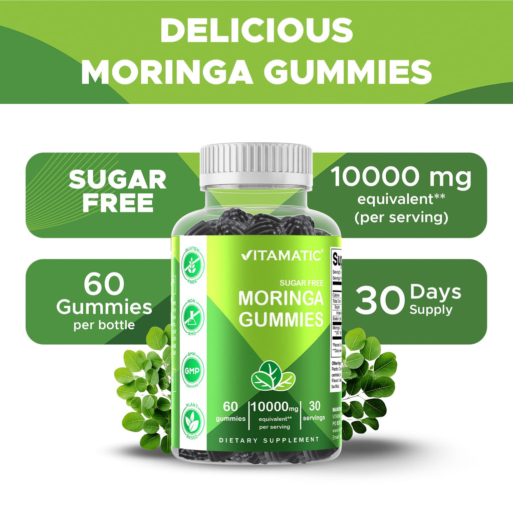 Vitamatic Sugar Free Moringa Gummies – 10,000 mg Equivalent per Serving (from 200 mg of 50:1 Extract) – Green Superfood Supplement – 60 Pectin-Based Vegan Gummies – No Sugar Added (Pack of 2)
