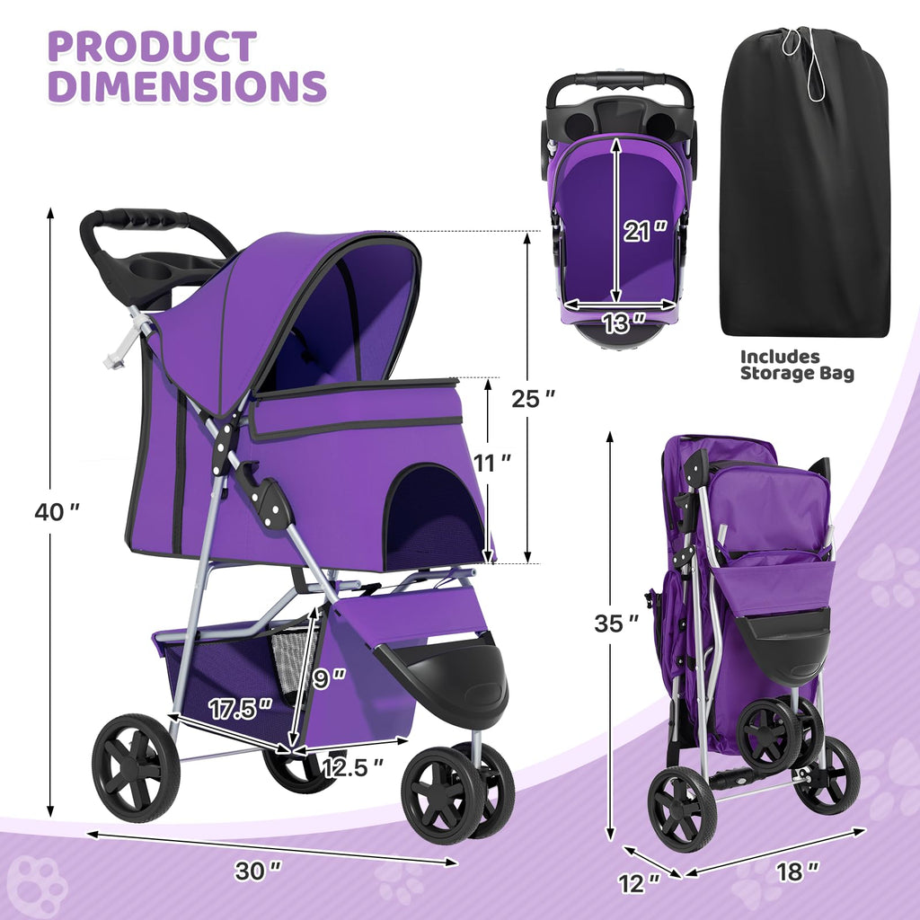 Magshion 3-Wheel Pet Stroller, Foldable Travel Jogger for Small & Medium Dogs & Cats (Up to 33lbs), Lightweight Carrier with Breathable Mesh Cover, Cup Holder & Storage Basket, Purple