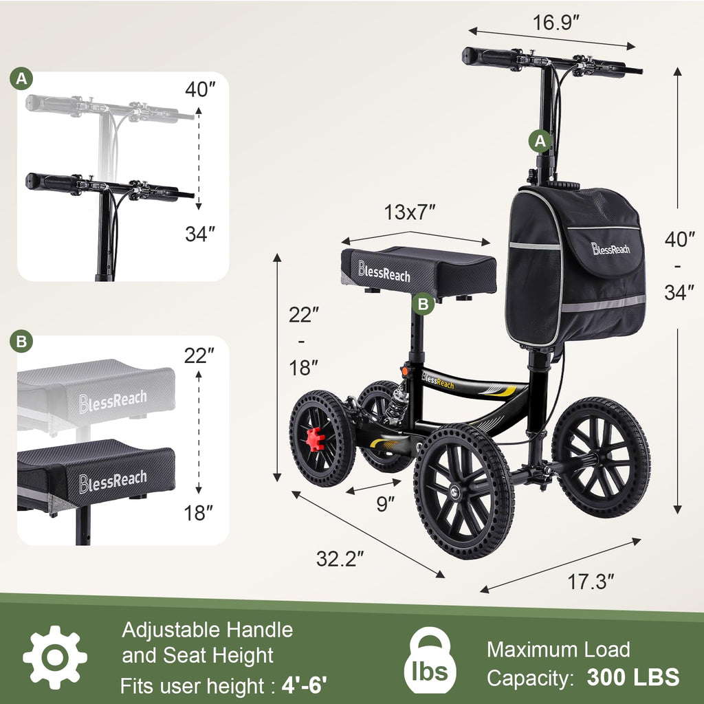 Knee Scooter, 300lbs Capacity, 13" Big PU Seat, Disc Brake Knee Walker, All Terrain Foldable Knee Scooter Walker with Bag for Foot Injuries Compact Crutches Alternative (Black)