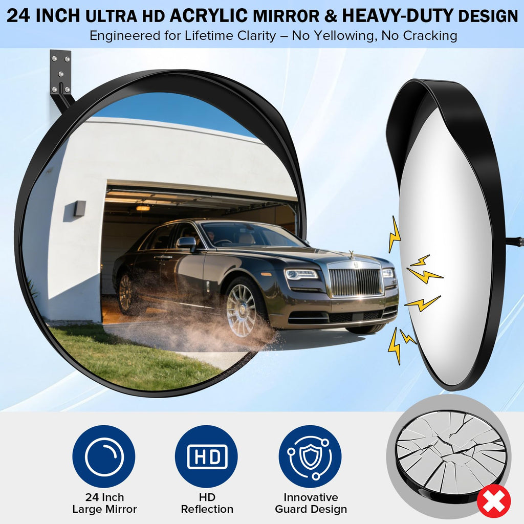 Narremcoy New 24 Inch Acrylic Convex Mirror with Rain-shield - Adjustable Wide Angle View Traffic Mirror Indoor Outdoor, Wall Mounting Blind Spot for Garage Warehouse, School, Store Safety and Office
