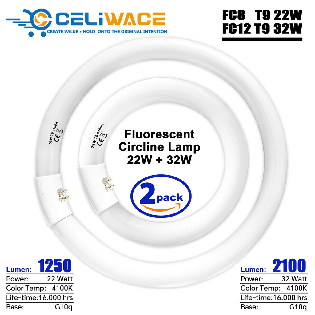 Celiwace FC8T9/CW 22W and FC12T9/CW 32W Cool White Set, 8 inch T9 22 Watts Circular Light Bulbs, 12 inch 32 Watts Circline Fluorescent Bulb Round Ring Bulb CRI 80, G10q Prong