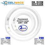 Celiwace FC8T9/CW 22W and FC12T9/CW 32W Cool White Set, 8 inch T9 22 Watts Circular Light Bulbs, 12 inch 32 Watts Circline Fluorescent Bulb Round Ring Bulb CRI 80, G10q Prong