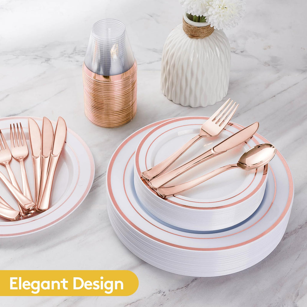 Goodluck 600 Pieces Rose Gold Disposable Plates for 100 Guests, Plastic Plates for Party, Wedding, Dinnerware Set of 100 Dinner Plate, 100 Salad Plates, 100 Spoons, 100 Forks, 100 Knives, 100 Cups