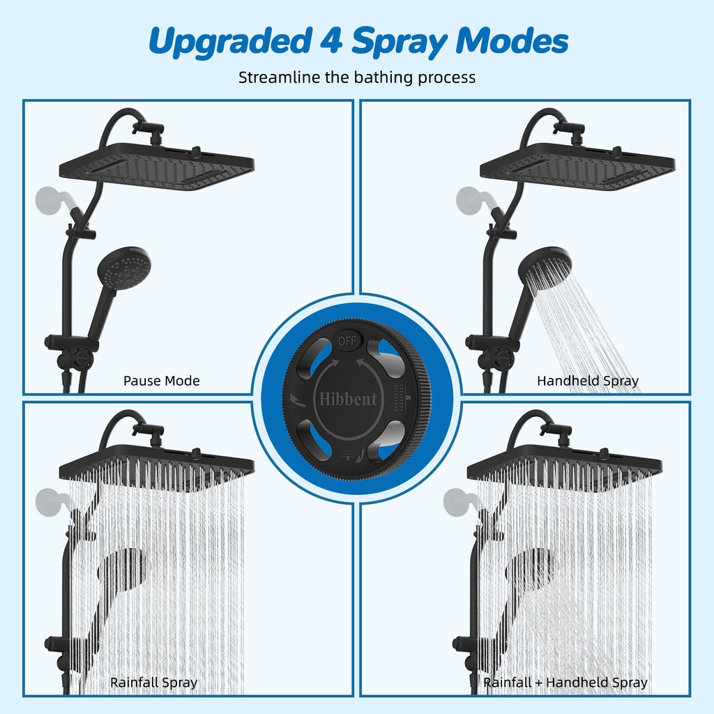 Hibbent cUPC Certified 13'' Shower Head Combo, High Pressure 5 Spray Rainfall Showerhead, 10 Spray Mode Handheld, All Metal Easy Reach 4-way Diverter Arm with Pause Mode, 71'' Hose and Holder, Black