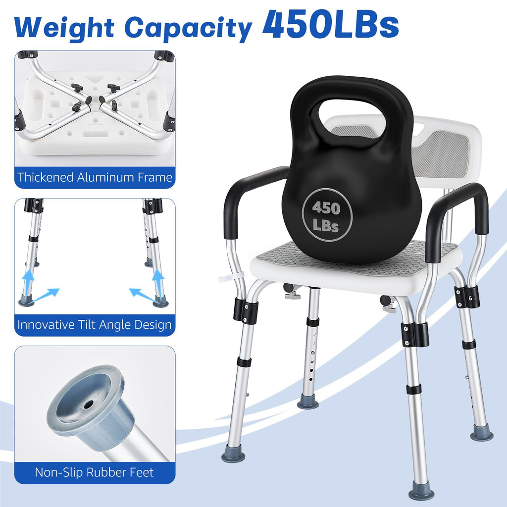 Shower Chair for Elderly and Disabled Inside Shower, Shower Seat for Inside Tub 450 LB Heavy Duty, Shower Chair with Arms and Back,Padded Handicap Bath Chairs for Seniors for Shower Stal