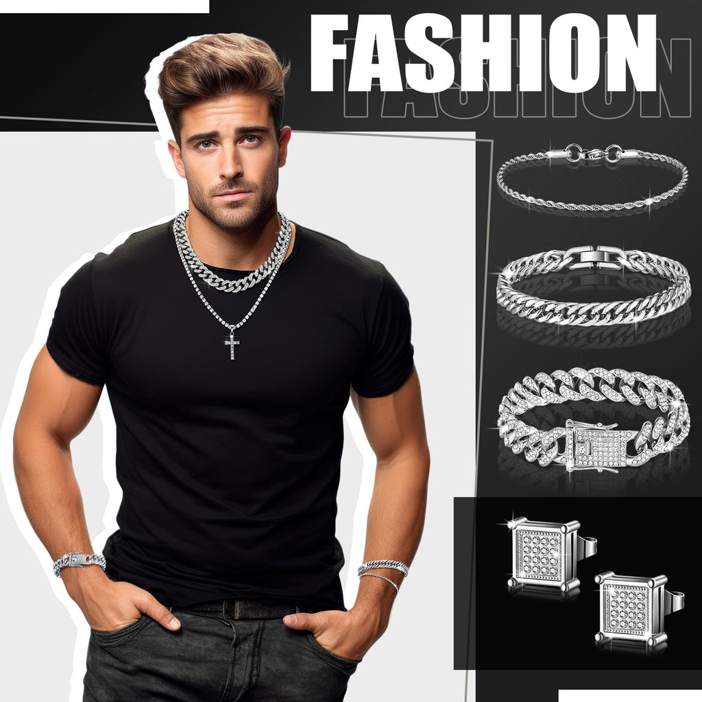 Yinkin 6 Pcs Men Jewelry Set Hip Hop Diamond Chain Bracelet Set, Silver