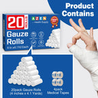 AZEN 20 Pack Gauze Rolls Bandages, 4 in x 4.1 Yards, Premium Medical Supplies & First Aid Supplies, Bandage Wrap Vet Wrap, Mummy Wraps