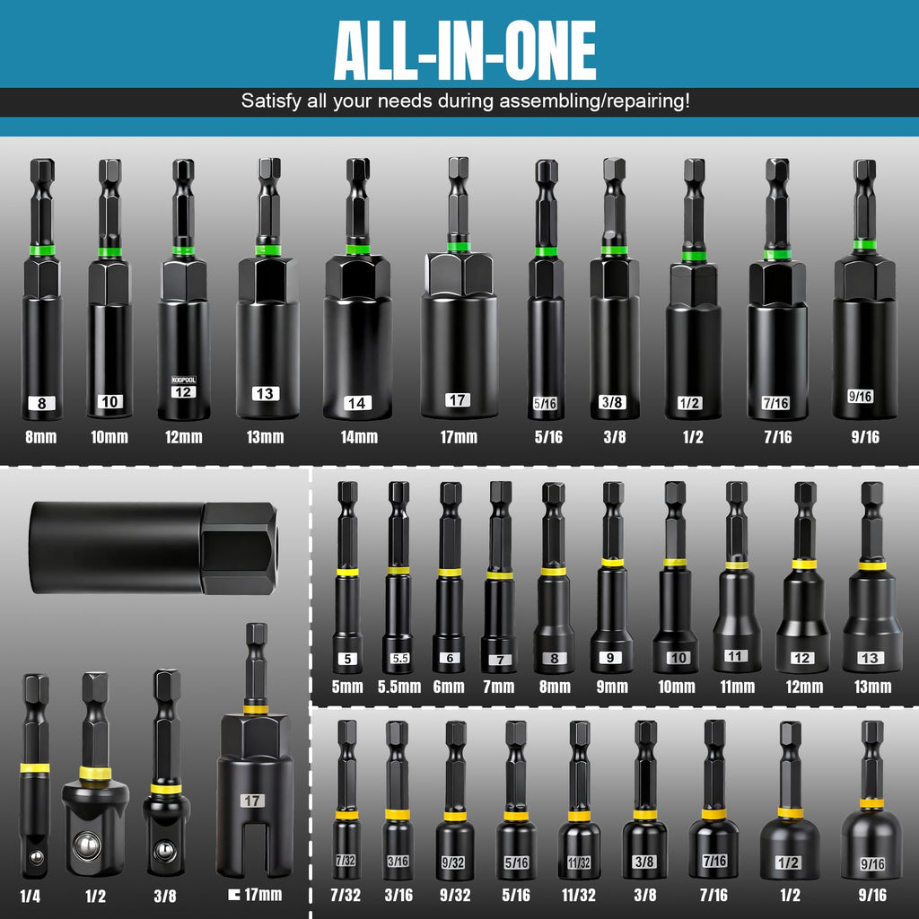80 PCS Magnetic Impact Nut Driver Set - Metric & SAE with Socket Adapters, Wing Nut Driver, Bit Holder, Universal Sockets, Quick Release Extension, Power Bits, 1/4'' Quick Change, Storage Box