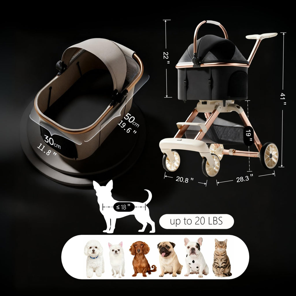 EPPMagice All-Terrain Pet Stroller for Small Medium Dogs & Cats, 20 lbs Capacity - Portable Carrier with One-Touch Brake, Lightweight Foldable Design & Shock Absorption Wheels,Beige