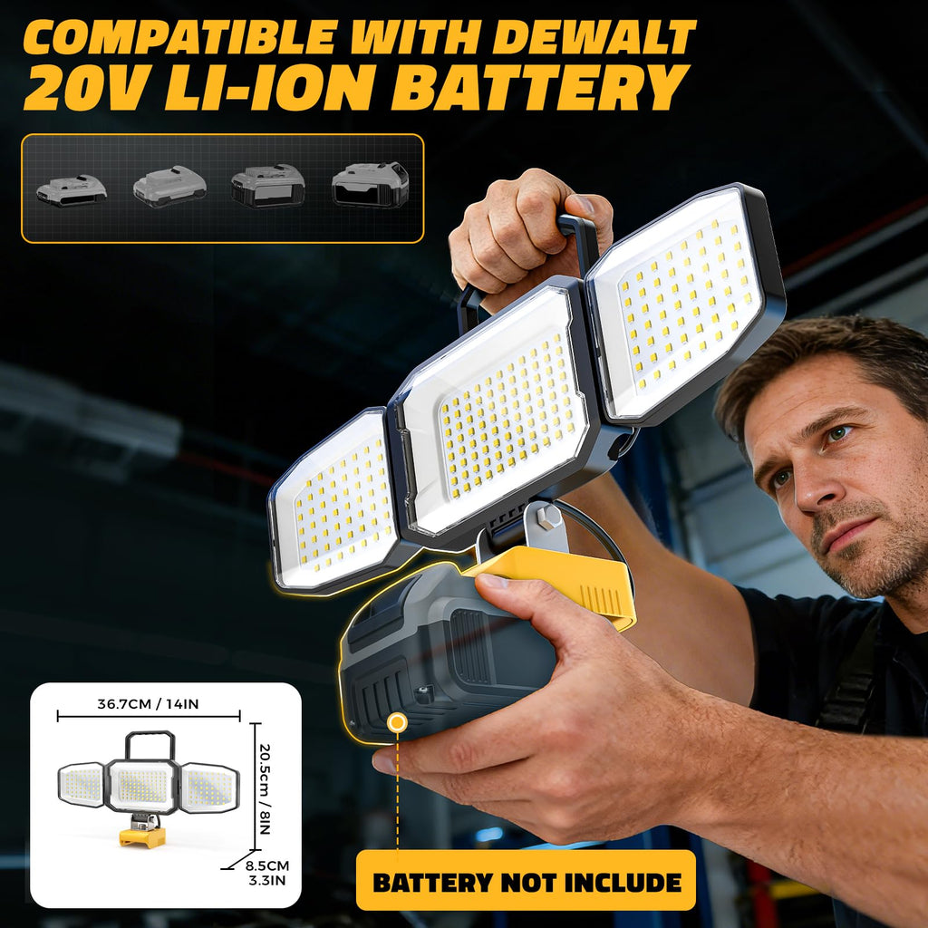 LED Work Light Compatible with DeWalt 20V Battery, 150W 15000LM Flood Light, 6500K Daylight 3-Head Adjustable, USB Type-C&2 Brightness Modes Portable Flashlight Job Site Light (Battery Not Included)