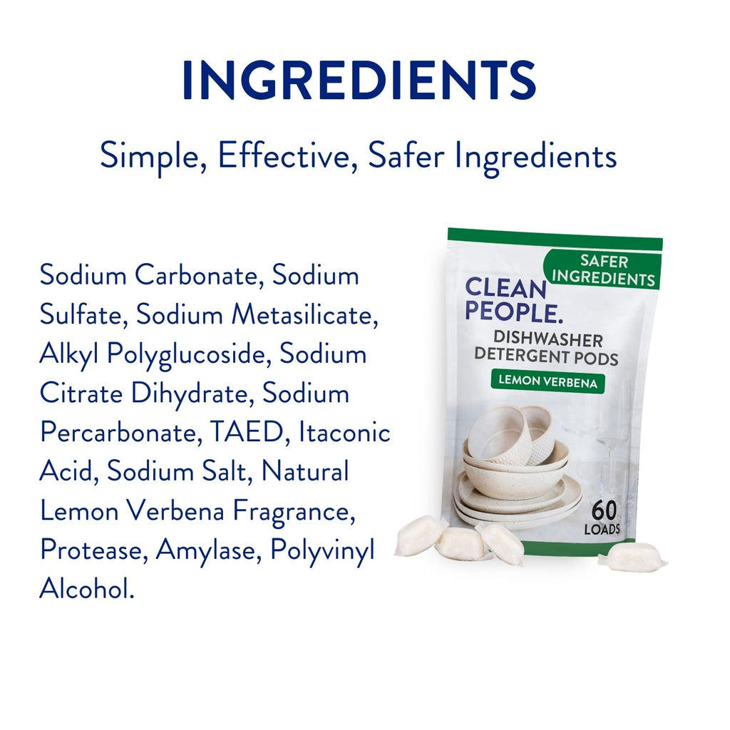 The Clean People Dishwasher Pods - Cuts Grease & Rinses Sparkling Clean - Residue-Free - Phosphate Free Dishwashing Pods (60 Count, Lemon Verbena)