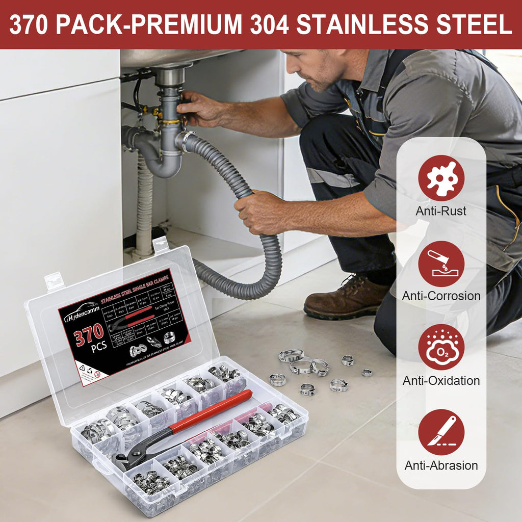Hydencamm 370PCS 15 Sizes Single Ear Hose Clamps, 5.3-33.1mm 304 Stainless Steel Crimp Hose Clamps, Stepless Adjustable Cinch Clamps for Automotive, Home Appliance Line, Plumbing and Industrial Use