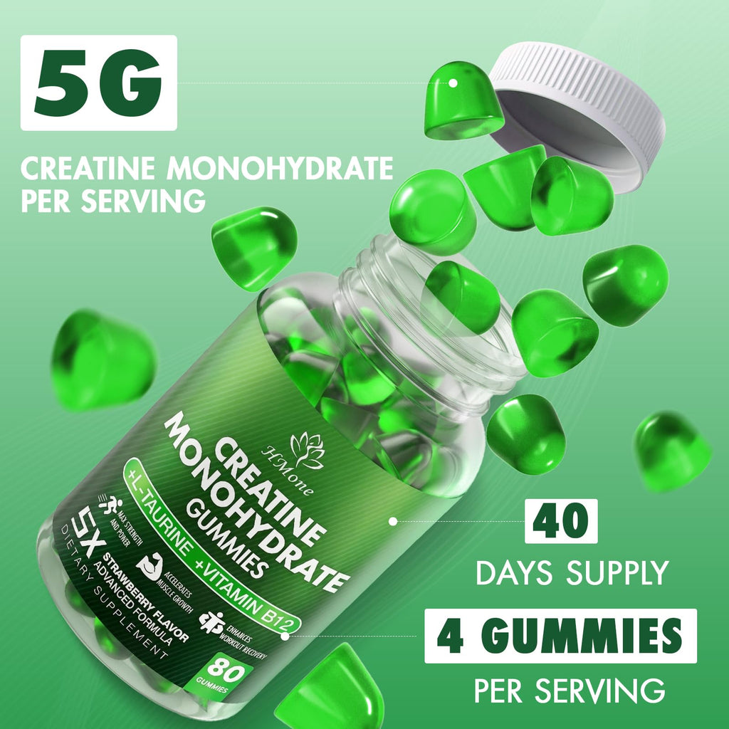 Creatine Monohydrate Gummies - 5g for Men & Women, 160 Count and Creatine Chewable Supplements for Muscle Gain, Muscle Strength, Green Apple Flaavor