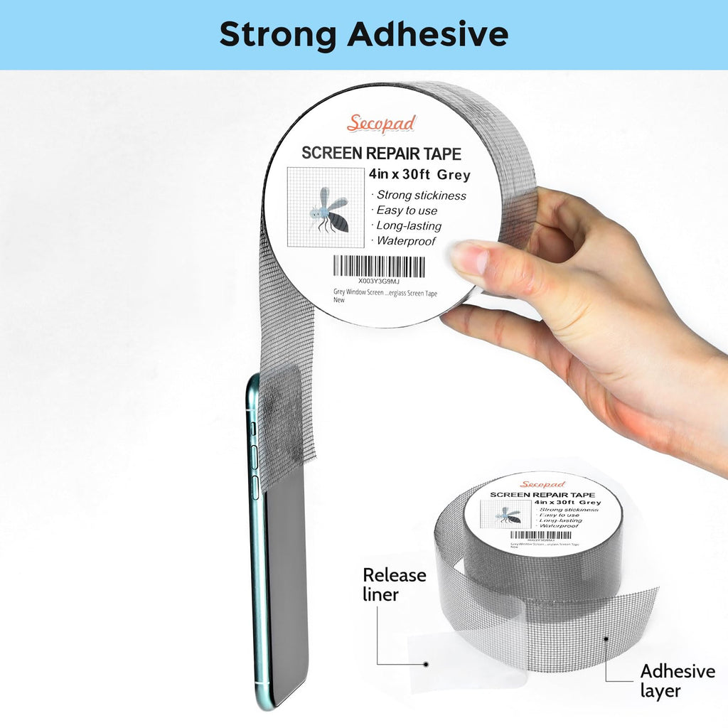 Secopad Grey Window Screen Repair Kit, 4 in X 30 FT (360IN) Screen Repair Tape for Windows or Doors, Strong Adhesive Fiberglass Mesh Patch Tape