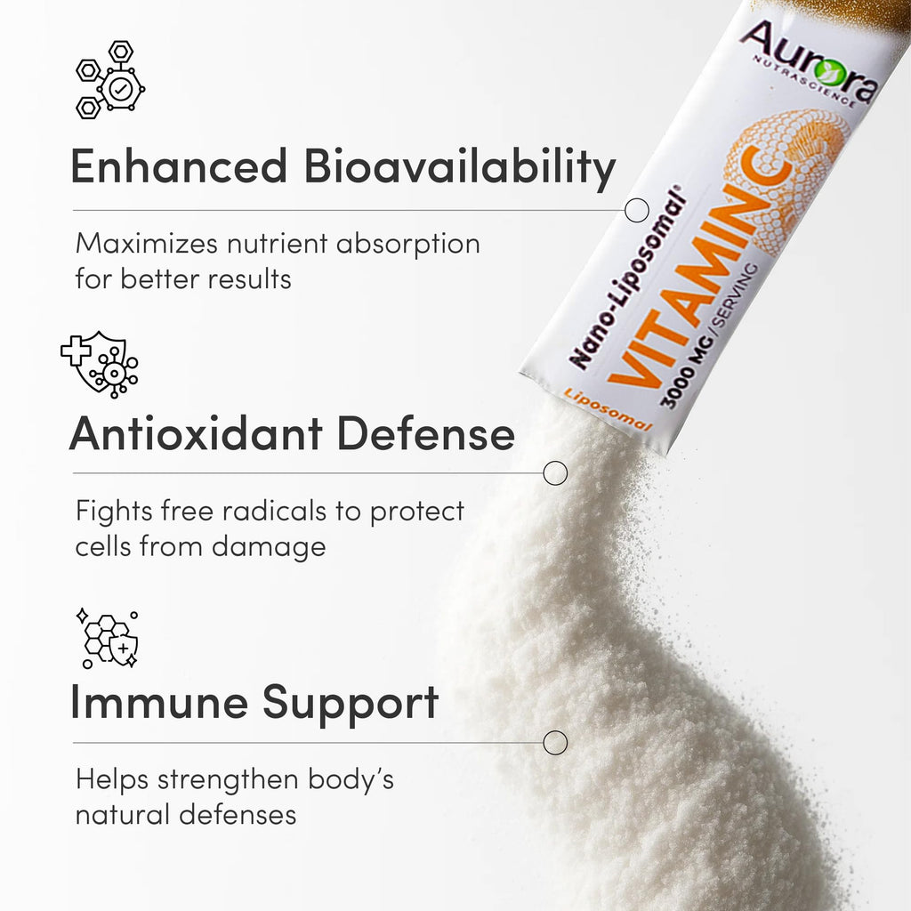 Vida Lifescience Aurora Nutrascience Nano-Pack Liposomal Vitamin C Powder Drink Mix, Immune Support, High Strength 3,000 mg Per Serving, 30 Single Serve Packets, Orange