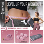 Aerobic Stepper Set with Dumbbells & Measuring Tape, Adjustable Height 2 Level Risers Workout Exercise Step Platform, Pink Grey, the Ultimate Gift for a Joyful Holiday and Merry Christmas