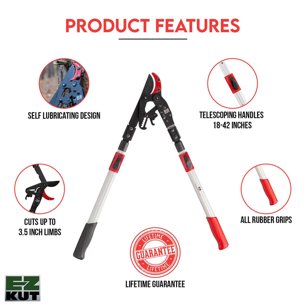 EZ Kut G2 Tree Trimmer Ratcheting Branch Cutter. Heavy Duty Branch Cutter. 42 inch Extendable Anvil Hand Loppers. Tree Pruner Trusted Since 1988. Chops Thick Branches with Ease.