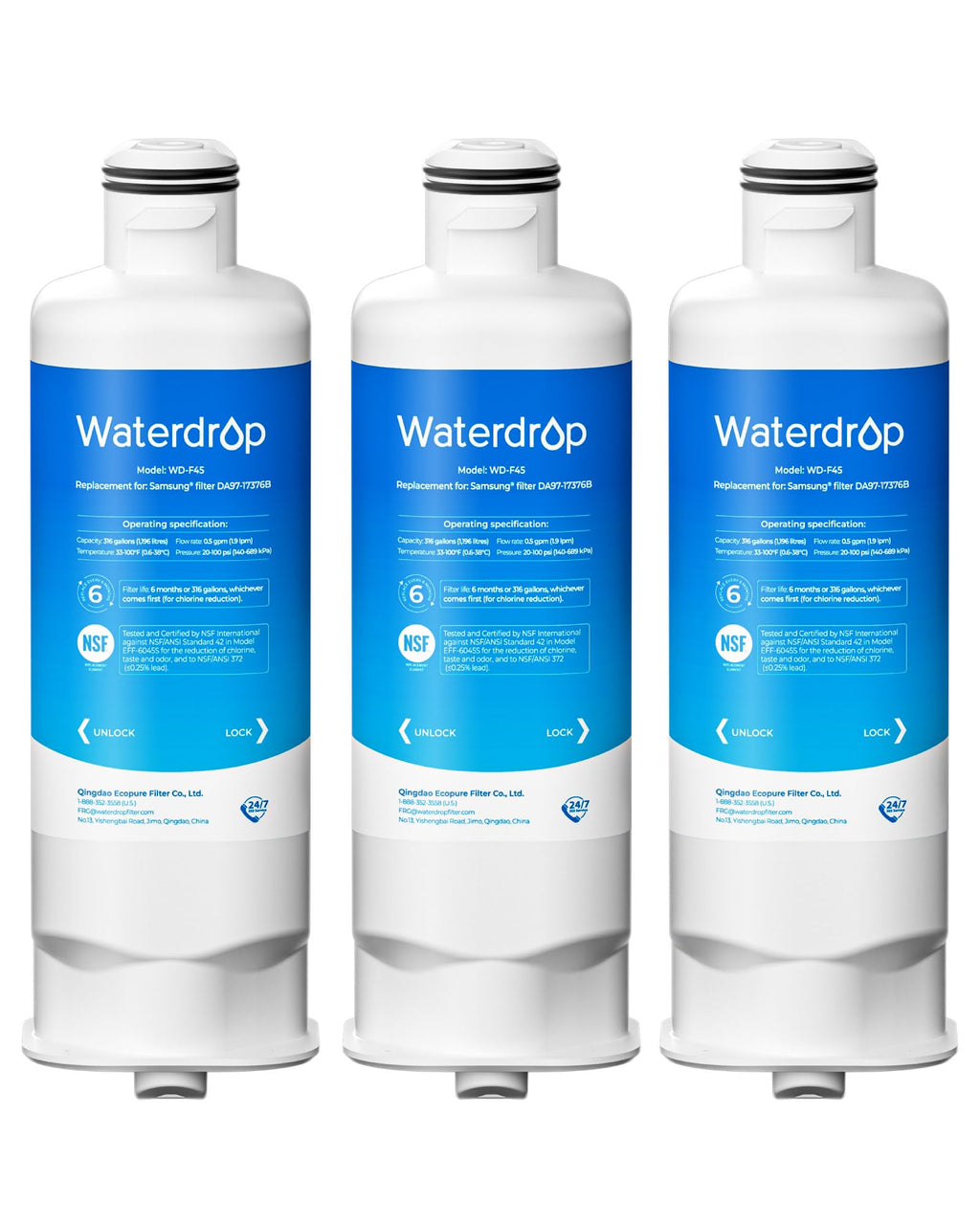 Waterdrop WD-F45 Replacement for Samsung® DA97-17376B, HAF-QIN/EXP, DA97-08006C, RF28R7201SR, RF28R7351SG, WD-F45, Refrigerator Water Filter, 3 Filters