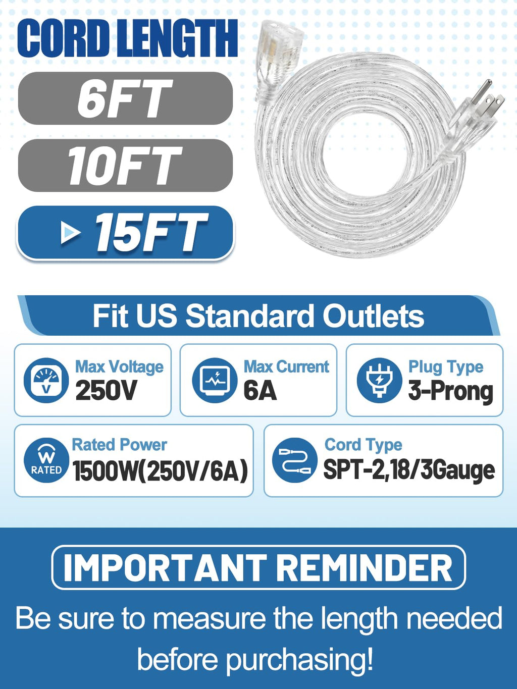 3 Prong Clear Extension Cord - 15 FT Male to Female Invisible Indoor Power Cable, UL-Certified, 3 x 18 AWG 250V 6A