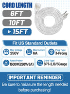 3 Prong Clear Extension Cord - 15 FT Male to Female Invisible Indoor Power Cable, UL-Certified, 3 x 18 AWG 250V 6A