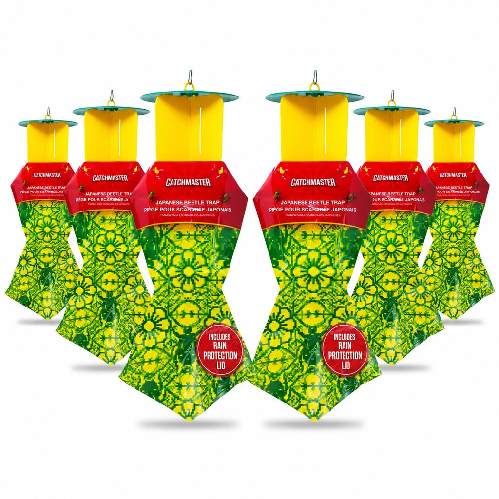 Catchmaster Japanese Beetle Traps w/Rain-Proof Cap 6-Pack & Dual Lure, Beetle Bag Trap, Hanging Beetle Catcher, Pest Control for Backyard & Garden, Plants, Trees, Vegetables & Flowers