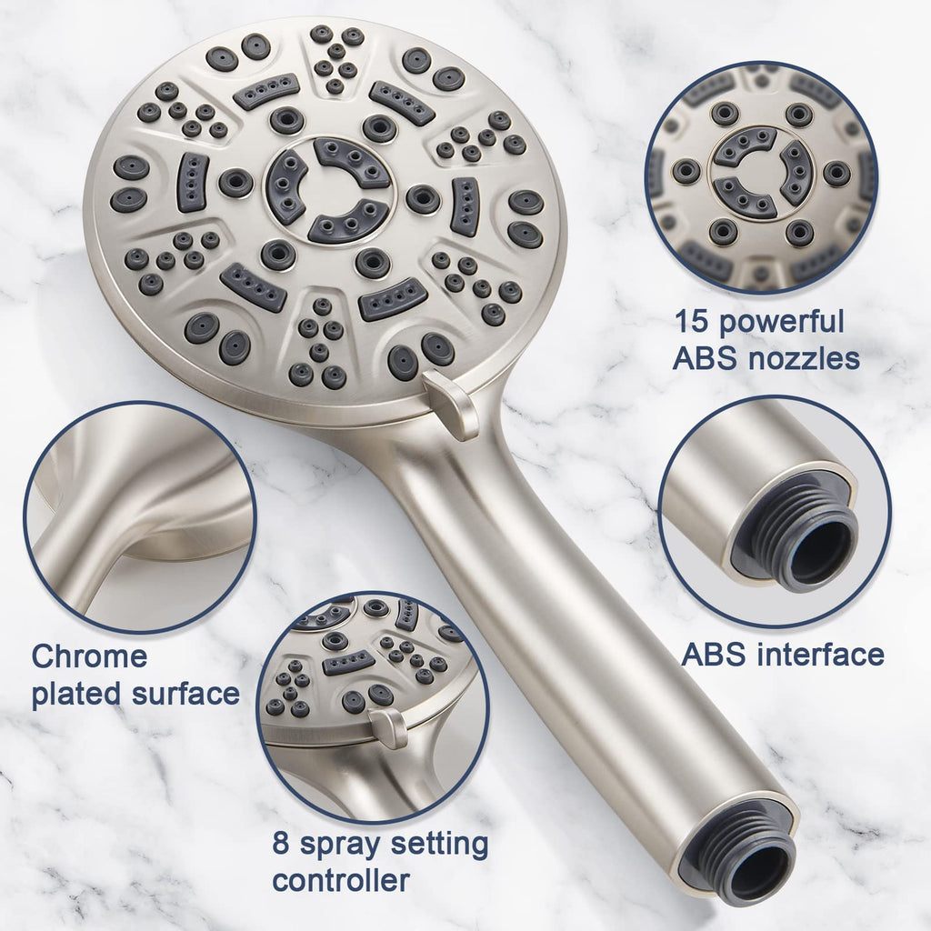 Cobbe 8-Setting Handheld Shower Head Bathroom Showerhead Set - Detachable Shower Heads with 5ft Stainless Steel Hose and Brass Swivel Bracket (Brushed Nickel)