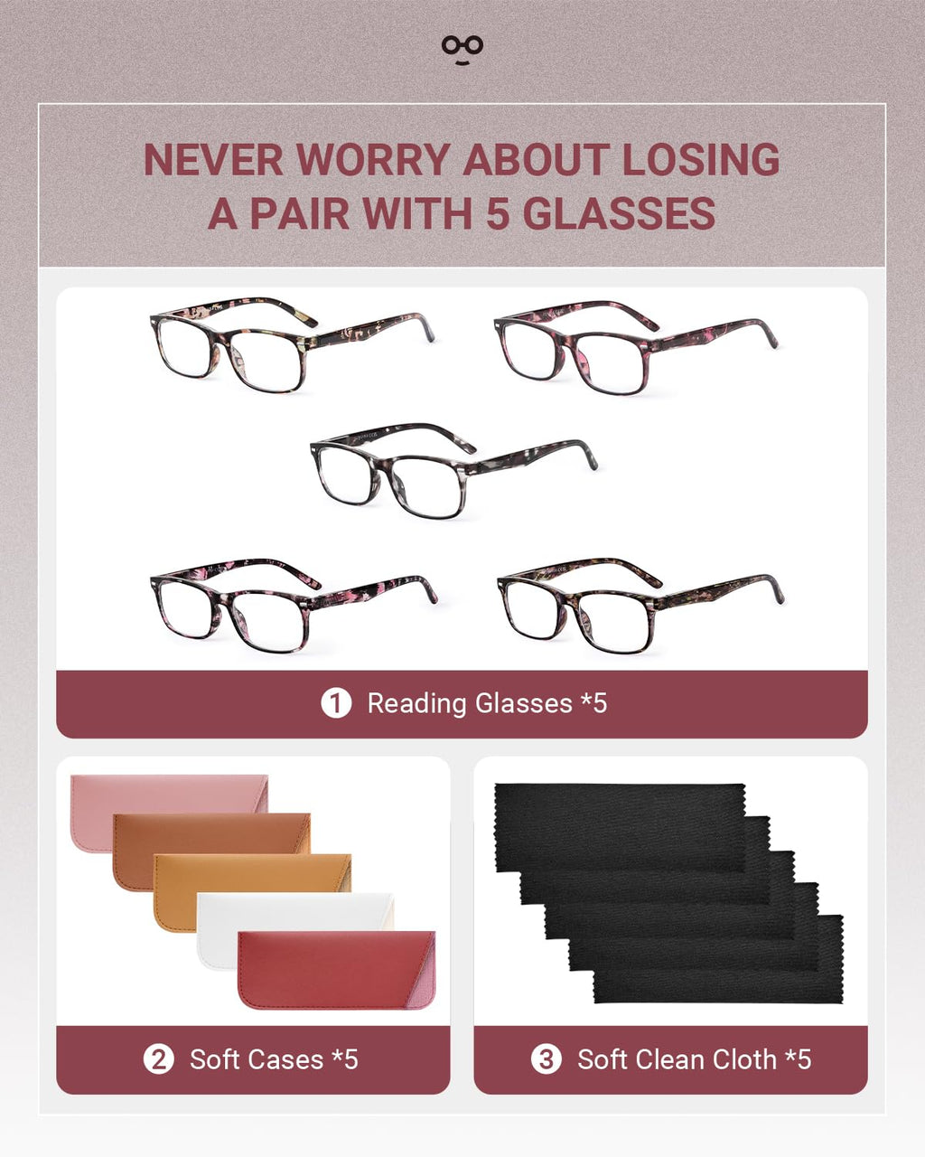 JOLISU 5 Pack Reading Glasses For Women,Spring Hinges, Sturdy and Durable (2.00)