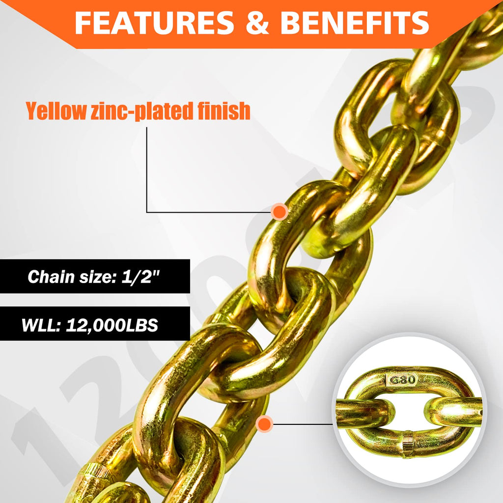YATOINTO G80 Transport Binder Chain 1/2 Inch x 20 Foot Safety/Binder Chain with Clevis Grab Hooks 12,000 lbs Safe Working Load Logging Chain for Transporting Towing Tie Down Binding Equipment