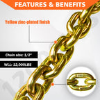 YATOINTO G80 Transport Binder Chain 1/2 Inch x 20 Foot Safety/Binder Chain with Clevis Grab Hooks 12,000 lbs Safe Working Load Logging Chain for Transporting Towing Tie Down Binding Equipment