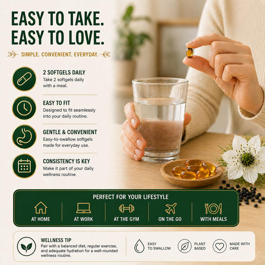 Ethiopian Black Seed Oil Capsules, with 5% Thymoquinone & Carvacrol, Digestive Balance & Daily Wellness, Non-GMO, Gluten-Free, 60 Count Softgels