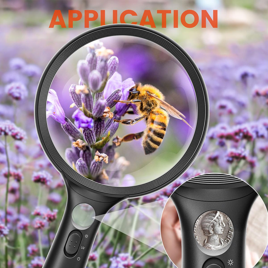 Magnifying Glass with Light Large 24 LED, 10X Handheld Illuminated Lighted Magnifier 1UV Light for Seniors, Close Work, Reading, Coins, Jewelry