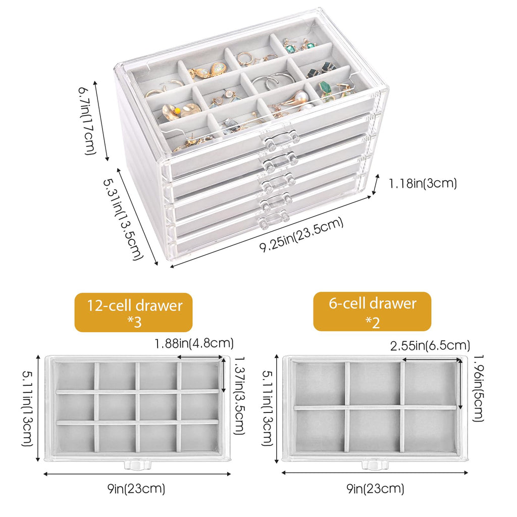 ProCase Earring Holder Organizer Jewelry Box with 5 Drawers, Grey
