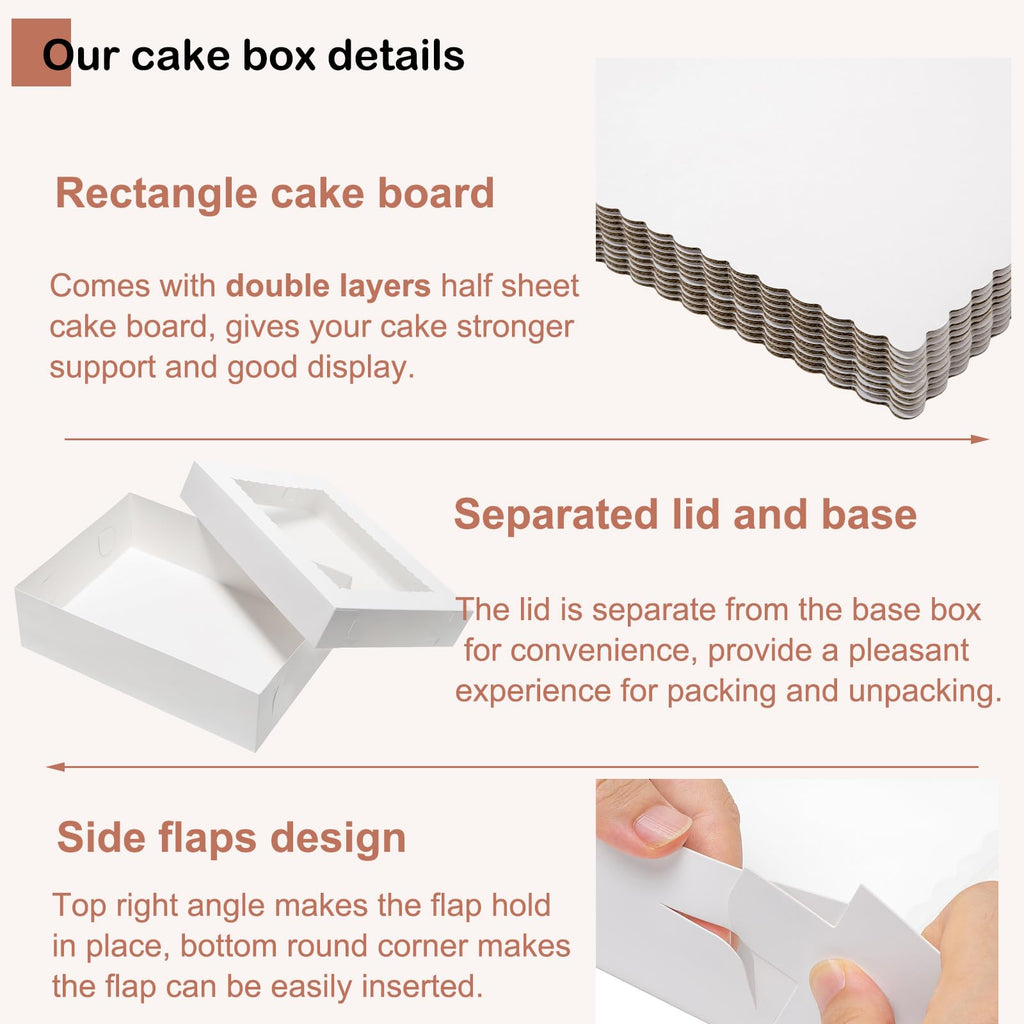 Mefleet 6pcs 19x14x4 Half Sheet Cake Boxes with 6pcs Cake Boards Rectangle 1/2 Sheet Bakery Boxes with Window for Pastry Baking Cake, Cupcakes, Donuts, Cookies, Pie Treat Packaging White Large