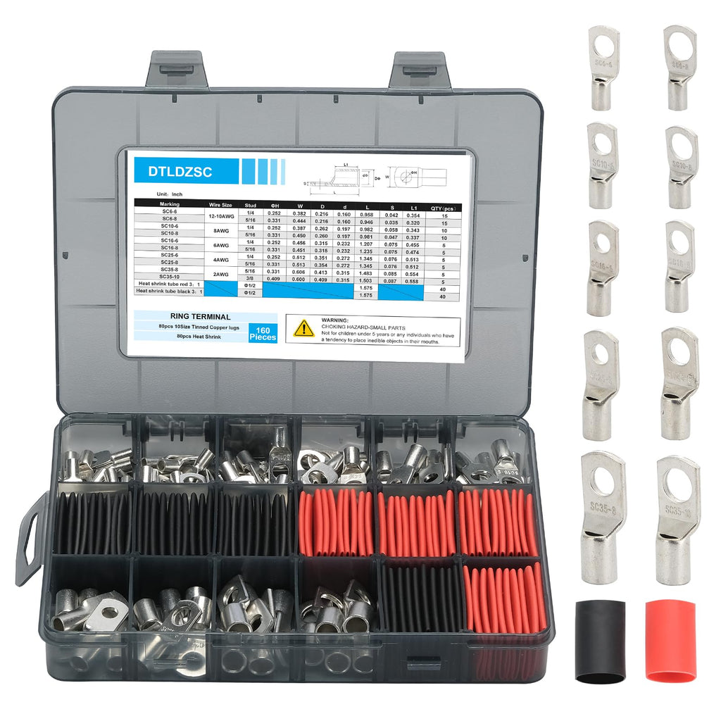 DTLDZSC Thick Copper lugs，Electric Wire Lugs，AWG2 4 6 8 10 12Gauge，80Pcs Tinned Heavy Duty Battery Cable Ends Ring Terminal Connectors with 80Pcs 3:1 Heat Shrink Tubing Assortment Kit（160pcs）