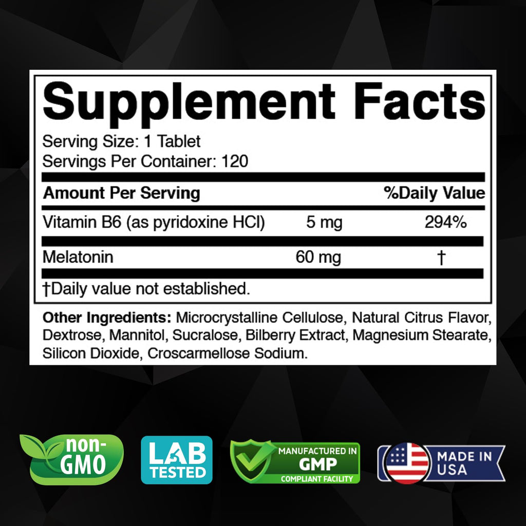 Vitabod Melatonin 60 mg with Vitamin B6 – 120 Fast Dissolve Tablets Extra-Strength Sleep Support – Drug-Free – Natural Citrus Flavor – Vegetarian, Non-GMO, Gluten-Free