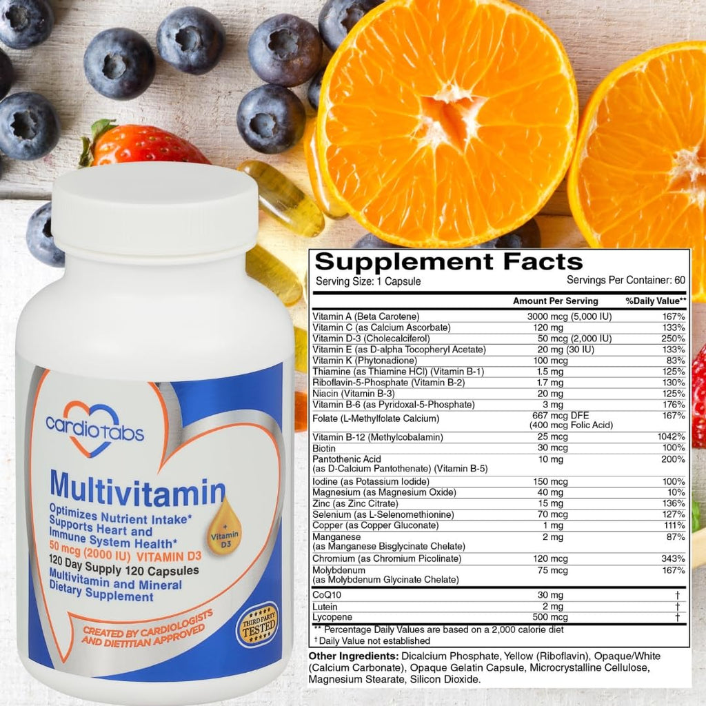 Cardiotabs Multivitamin - Heart and Immunity Supplements for Men & Women, Multivitamin for Men & Women, with Minerals B-Vitamin Complex, Vitamins A, C, E, K and 2000 IU Vitamin D3, 120-Count Bottle